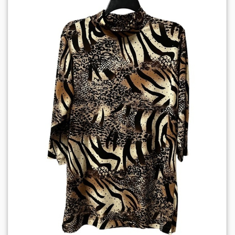 Susan Graver Size M Sequin High‎ Neck Animal Print Floral brown Cream Top Women